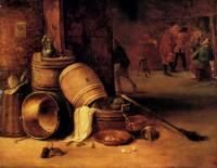 David Teniers the Younger - An Interior Scene With Pots Barrels Baskets Onions And Cabbages